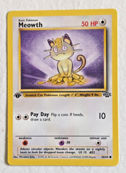 Pokemon, Meowth 1st Edition Jungle, 56/64 WOTC Common Card, Vintage 1999, NM - Image 1