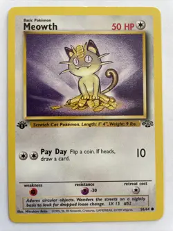 1ST EDITION Meowth Pokemon TCG Card Jungle Set No. 56/64 Vintage LP NM - Image 1