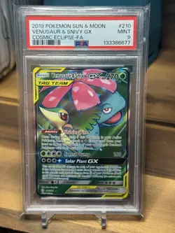 PSA 9 Venusaur & Snivy GX Full Art #210 Pokemon Cosmic Eclipse ENGLISH 2019 - Image 1