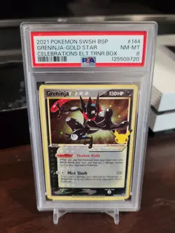 2021 Pokemon SWSH BSP Greninja Gold Star #144 PSA 8 NM-MT Celebrations - Image 1