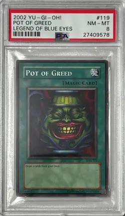 2002 Yu-Gi-Oh! PSA 8 NM-MT 'Pot Of Greed' LOB-119 ~SILVER LETTER RARE~ COMPLETER - Image 1