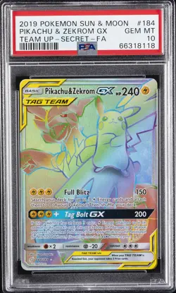 2019 POKEMON SUN & MOON TEAM UP SECRET #184 FULL ART/PIKACHU & ZEKROM GX PSA 10 - Image 1