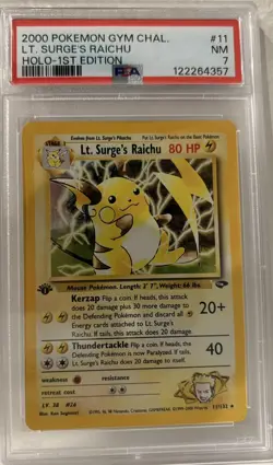 2000 POKEMON GYM CHALLENGE HOLO-1ST ED #11 LT. SURGE'S RAICHU PSA 7 - Image 1