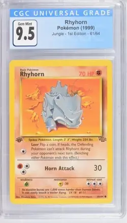 CGC 9.5 GEM MINT 10 Rhyhorn 1st Edition Jungle 61/64 Pokemon 1999 Non-Holo - Image 1