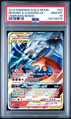 2019 POKEMON SUN & MOON UNBROKEN BONDS #20 RESHIRAM & CHARIZARD GX PSA 10 - Image 1