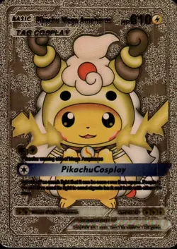 Pikachu Mega Ampharos Tag Cosplay Gold Foil Fan Art Display Card NM/M - Image 1