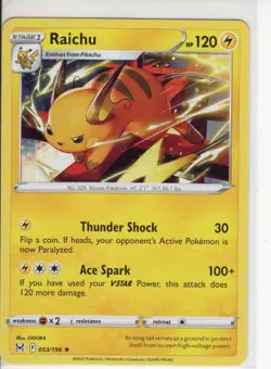 RAICHU LOST ORIGINS SET RARE NON HOLO-FOIL POKEMON CARD 053/196 NM/M - Image 1