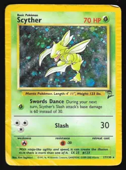 Pokemon TCG Scyther Base Set 2 Holo Unlimited Rare Card 17/130 - DMG - Image 1