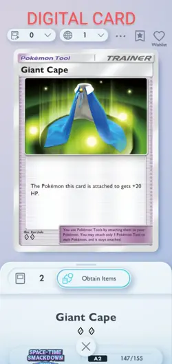 Giant Cape Pokemon Pocket Mobile Game Space Time Smackdown Set ?? Item Card - Image 1
