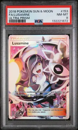 Pokemon TCG Sun & Moon FA/ Lusamine Ultra Prism Holo Card 153/156 PSA 8 NM-MT - Image 1