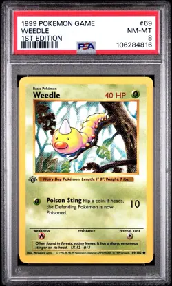 Weedle 1st Edition Shadowless Pokemon Base Set 69/102 PSA 8 1999 Mint - Image 1