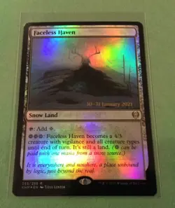 Faceless Haven, Magic the Gathering Kaldheim Rare prerelease foil in hand stamp - Image 1