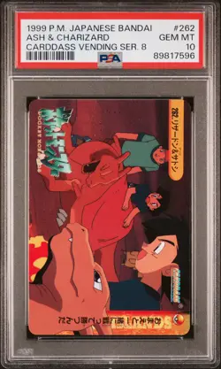 1999 POKEMON JPN BANDAI CARDDASS VENDING SER 8 #262 ASH & CHARIZARD PSA 10 - Image 1
