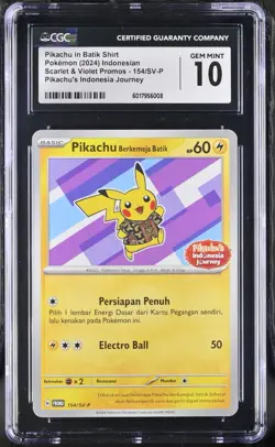 CGC 10 GEM MINT Pikachu in Batik Shirt 154/SV-P Indonesian Promo Pokemon Card - Image 1