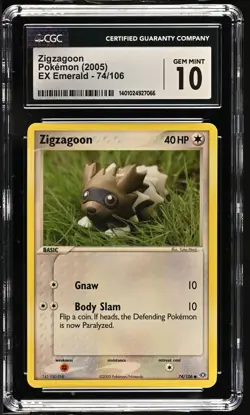 CGC 10 GEM MINT Zigzagoon 74/106 EX Emerald Yuka Morii 2005 Pokemon Card - Image 1