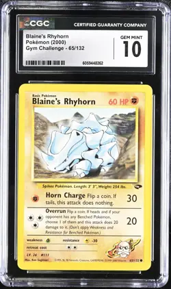 CGC 10 Blaine's Rhyhorn 65/132 Gym Challenge 2000 Pokemon Card - Image 1