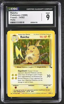 CGC 9 MINT Raichu 1999 Fossil 14/62 Holo Pokemon Card - Image 1