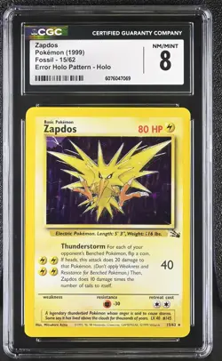 CGC 8 Zapdos 1999 Fossil 15/62 Error Holo Pattern Holo Pokemon Card - Image 1