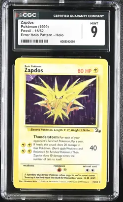 CGC 9 MINT Zapdos 1999 Fossil 15/62 Holo Pokemon Card - Image 1