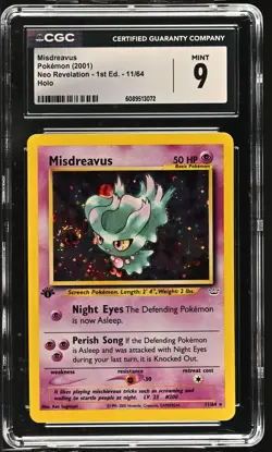 CGC 9 MINT Misdreavus Neo Revelation 1st Edition 11/64 Holo SWIRL Pokemon Card - Image 1