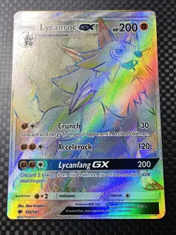 Rainbow Lycanroc GX Pokemon Burning Shadows Set, 155/147, LP miscut gold tip - Image 1