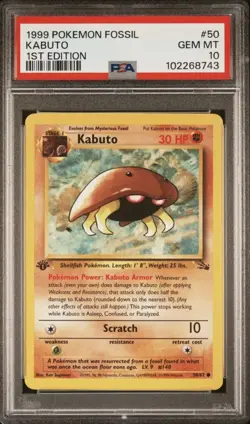 1999 Pokemon Card Fossil Set 1stEdition Kabuto #50 PSA 10 50/62English - Image 1