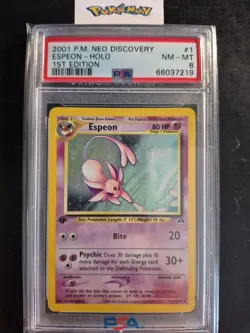 First Edition 2001 Pokemon Neo Discovery 1/75 Espeon Holo PSA NM-MT 8 - Image 1