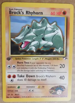 Brock's Rhyhorn 22/132 1st Edition Rare Non-Holo Gym Heroes Set Pokemon NM - Image 1