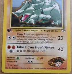 Brock's Rhyhorn 22/132 1st Edition Rare Non-Holo Gym Heroes Set Pokemon NM - Image 3