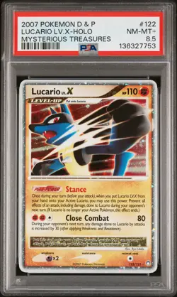 2007 POKEMON DIAMOND & PEARL MYSTERIOUS TREASURES #122 LUCARIO LV.X-HOLO PSA 8.5 - Image 1