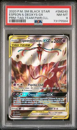 Espeon & Deoxys GX SM240 Tag Team Promo - Sun & Moon - Full Art PSA 8 - Pokemon - Image 1