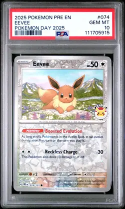 2025 POKEMON PRE EN-PRISMATIC EVOLUTIONS POKEMON DAY 2025 #074 EEVEE PSA 10 - Image 1