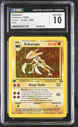 CGC 10 GEM MINT Kabutops 1999 Fossil 1st Edition 9/62 Holo Pokemon Card - Image 1