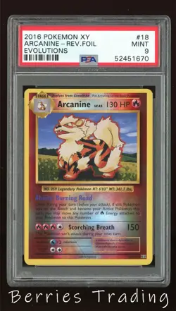 2016 Pokemon XY Arcanine Rev Foil PSA 9 Mint Evolutions 18/108 Reverse Card - Image 1