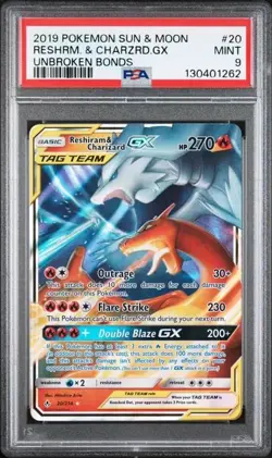 2019 Pokemon Reshiram & Charizard GX Holo PSA 9 - MINT - Unbroken Bonds 20/214 - Image 1