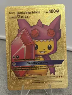 Pokemon Pikachu Mega Sableye Tag Cosplay Poncho Gold Foil Fan Art Collector Card - Image 1