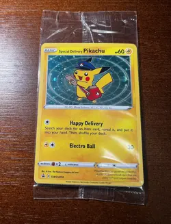 Special Delivery Pikachu SWSH074 Promo Pokemon Card - Sealed Holo Swirl - Image 1