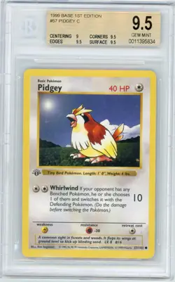 1999 Pokemon Base Set Pidgey 57/102 1st Edition Shadowless NON HOLO BGS 9.5 - Image 1