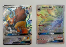 Lot of (2) Pokemon TCG Sun & Moon GX Cards #144 & #155 Tauros & Solgaleo GX - Image 1