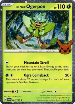 Teal Mask Ogerpon Cosmo Holo 024/167 Trick or Trade Rare Pikachu Stamp Pokemon - Image 1