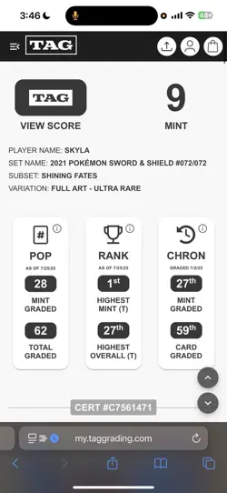 Skyla 72 - Pokemon Shining Fates TAG Mint 9 #1 Highest - Image 3
