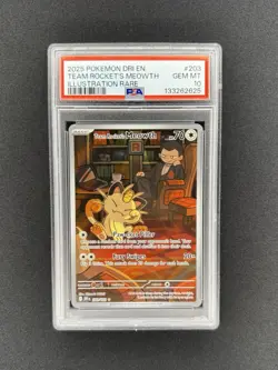 2025 Pokemon Destined Rivals Team Rocket's Meowth Illustration Rare PSA 10 #203 - Image 1