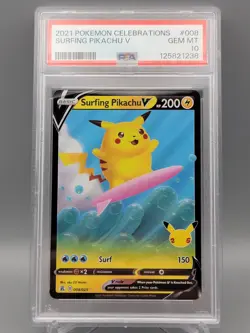 2021 POKEMON CELEBRATIONS #008/025 SURFING PIKACHU V PSA 10 - Image 1