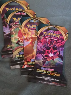 POKEMON Sword Shield DARKNESS 4 ABLAZE BOOSTER SLEEVE PACKS ALL 4 ARTWORK NICE! - Image 1
