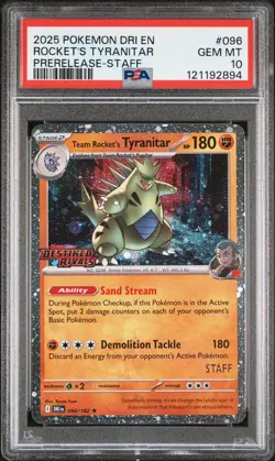 2025 Pokemon Destined Rivals #096 Rocket's Tyranitar Staff Promo PSA 10 - Image 1