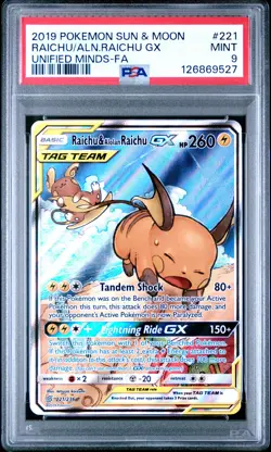 2019 POKEMON SUN & MOON UNIFIED MINDS FULL ART/RAICHU & ALOLAN RAICHU GX PSA 9 - Image 1