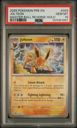 PSA 10 2025 Jolteon #029 Master Ball Reverse Holo Pokemon Prismatic Evolutions - Image 1