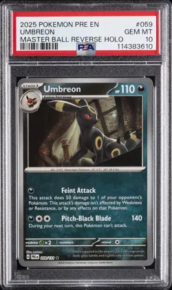 2025 POKEMON PRE EN-PRISMATIC EVOLUTIONS MASTER BALL REVERSE HOLO UMBREON PSA 10 - Image 1