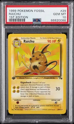 1999 POKEMON FOSSIL 1ST ED #29 RAICHU PSA 10 - Image 1