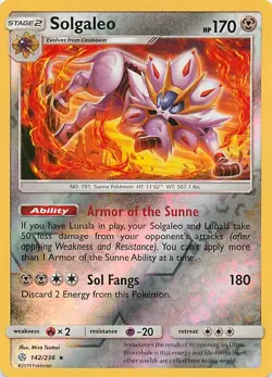 Solgaleo REVERSE HOLO RARE 142/236 Sun & Moon Cosmic Eclipse 2019 Pokemon NM - Image 1
